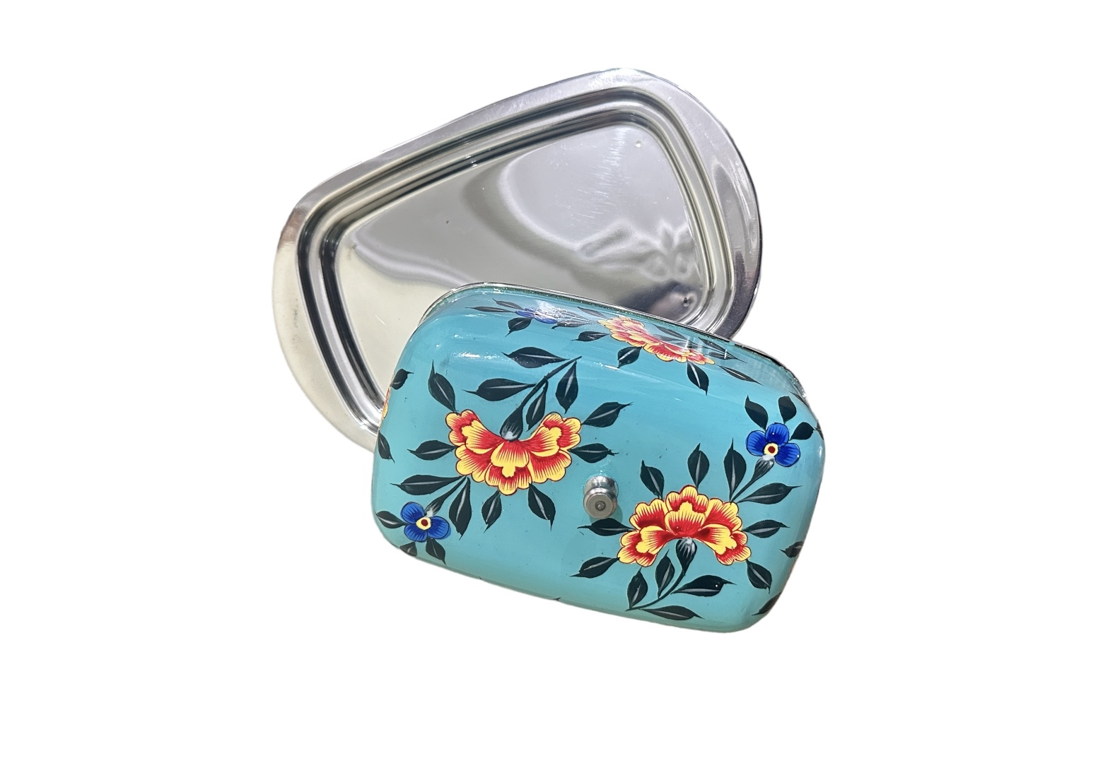 Steel butter box, Green box , 4.5"×7" Butter Dish From Kashmir,stainless steel butter dish, Hand Painted Cheese Dish Holds 1 lb of Butter